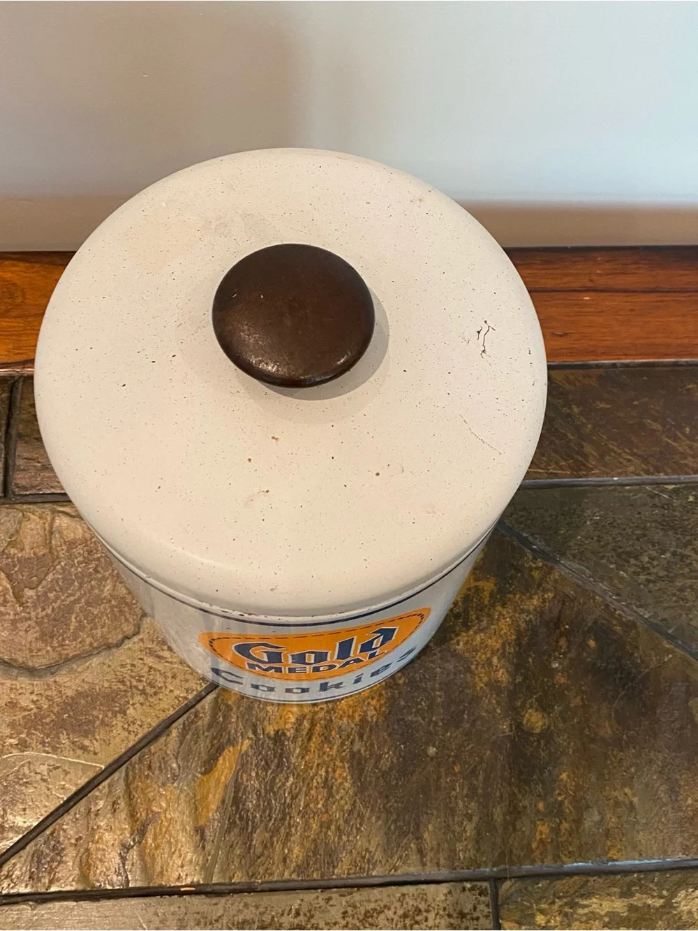 Vintage Gold Metal White & Blue Tin Cookie Jar Canister